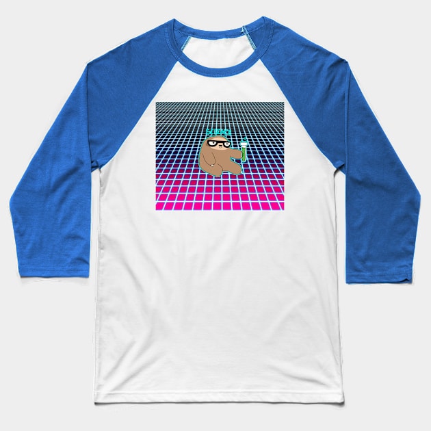 Science Sloth Vaporwave Grid Pattern Baseball T-Shirt by saradaboru